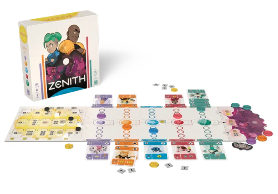 Zenith board game setup showing tug of war game board, planet influence discs, and cards